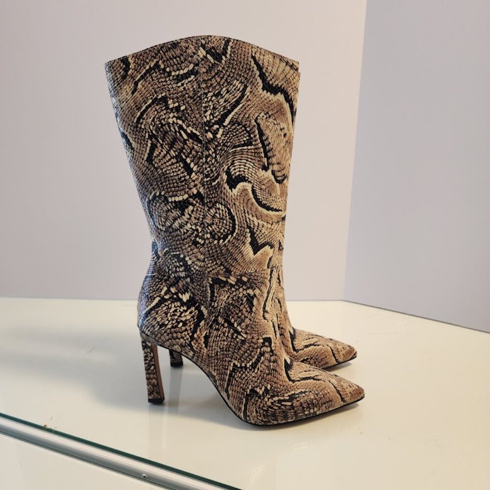 Vince Camuto Tan Snake Print Leather Mid-Calf Heeled Boots - Picture 3 of 11
